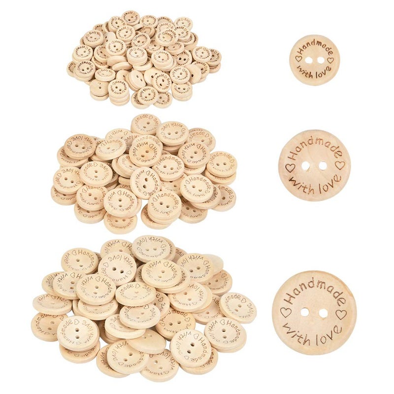 FOCCTS 150 Pcs Wooden Handmade Buttons  2 Holes Wooden Sewing Buttons  Assorted Wooden Handmade with Love Buttons for Sewing Clothing Accessories(15-20-25mm) - Image 1
